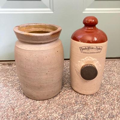LOT 159: Vintage Pottery Jug, Timothy White & Taylor's Stoneware Hot Water Bottle (Lovatt's Langley Ware England), Ceramic...