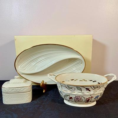 LOT 163: Lenox Gilded Garden Basket, Housewarming Divided Condiment Dish, and Cherished Friends Trinket Box