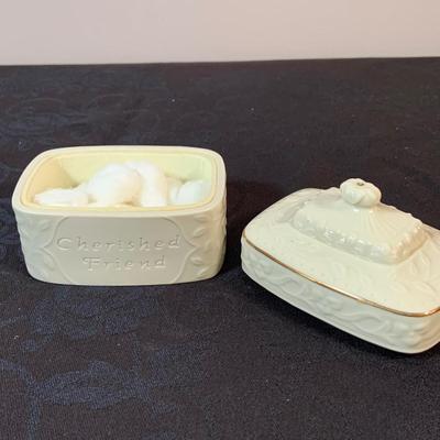 LOT 163: Lenox Gilded Garden Basket, Housewarming Divided Condiment Dish, and Cherished Friends Trinket Box