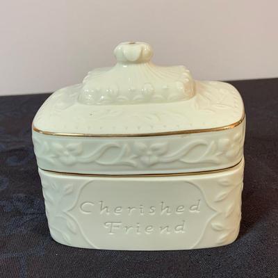 LOT 163: Lenox Gilded Garden Basket, Housewarming Divided Condiment Dish, and Cherished Friends Trinket Box