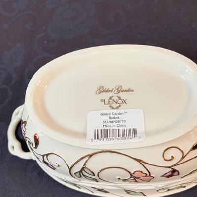 LOT 163: Lenox Gilded Garden Basket, Housewarming Divided Condiment Dish, and Cherished Friends Trinket Box