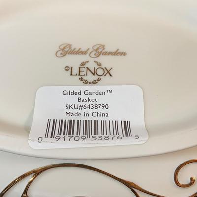 LOT 163: Lenox Gilded Garden Basket, Housewarming Divided Condiment Dish, and Cherished Friends Trinket Box