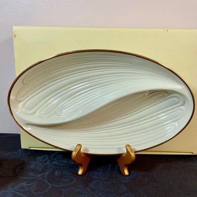 LOT 163: Lenox Gilded Garden Basket, Housewarming Divided Condiment Dish, and Cherished Friends Trinket Box