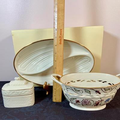 LOT 163: Lenox Gilded Garden Basket, Housewarming Divided Condiment Dish, and Cherished Friends Trinket Box