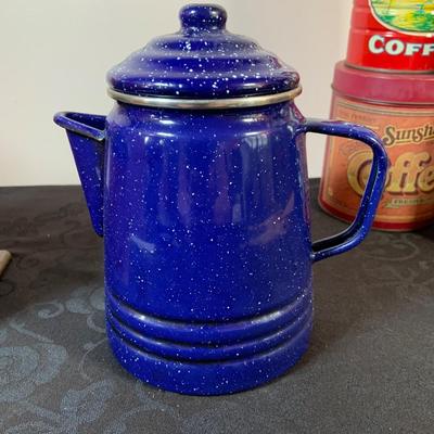 LOT 164: Enamel Coffee Pots, Coffee Grinder and Vintage Coffee Cans