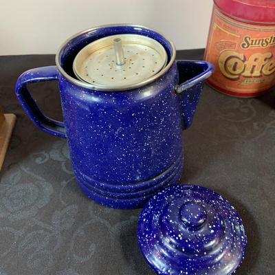 LOT 164: Enamel Coffee Pots, Coffee Grinder and Vintage Coffee Cans