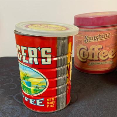LOT 164: Enamel Coffee Pots, Coffee Grinder and Vintage Coffee Cans