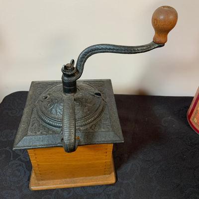 LOT 164: Enamel Coffee Pots, Coffee Grinder and Vintage Coffee Cans