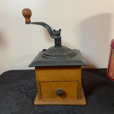 LOT 164: Enamel Coffee Pots, Coffee Grinder and Vintage Coffee Cans