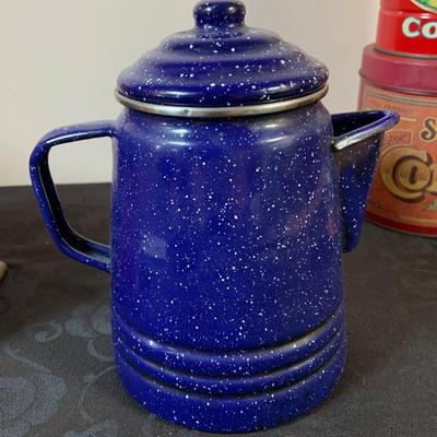 LOT 164: Enamel Coffee Pots, Coffee Grinder and Vintage Coffee Cans