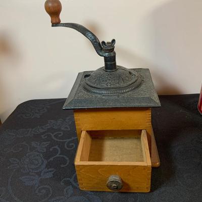 LOT 164: Enamel Coffee Pots, Coffee Grinder and Vintage Coffee Cans