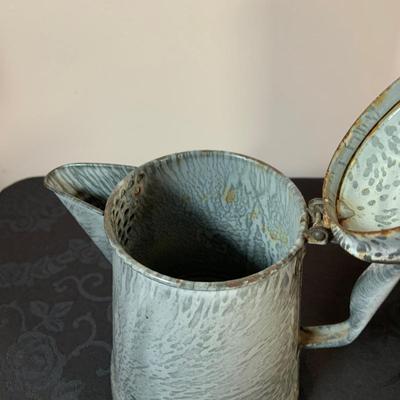 LOT 164: Enamel Coffee Pots, Coffee Grinder and Vintage Coffee Cans