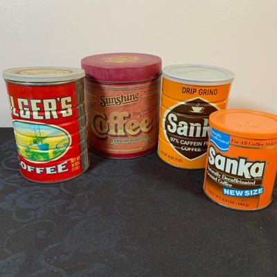 LOT 164: Enamel Coffee Pots, Coffee Grinder and Vintage Coffee Cans