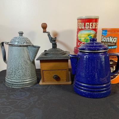 LOT 164: Enamel Coffee Pots, Coffee Grinder and Vintage Coffee Cans
