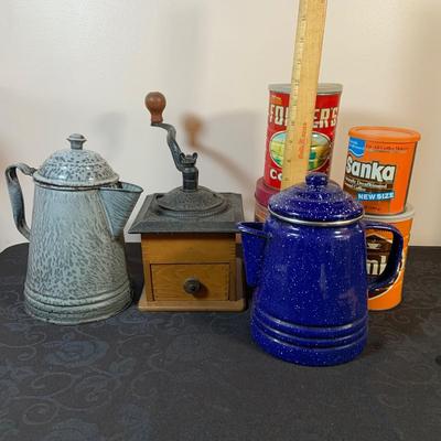 LOT 164: Enamel Coffee Pots, Coffee Grinder and Vintage Coffee Cans