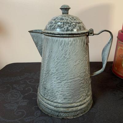 LOT 164: Enamel Coffee Pots, Coffee Grinder and Vintage Coffee Cans