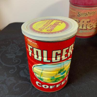 LOT 164: Enamel Coffee Pots, Coffee Grinder and Vintage Coffee Cans
