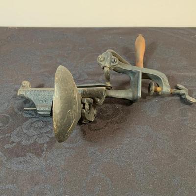 LOT 170: Vintage/Antique HopKing Butcher Paper Dispenser, Primitive Wood Slaw Slicer, Bottle Capper, Cherry Pitter and Moe
