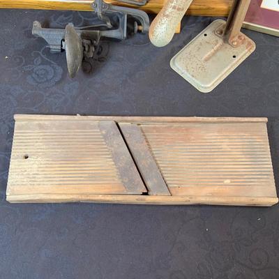 LOT 170: Vintage/Antique HopKing Butcher Paper Dispenser, Primitive Wood Slaw Slicer, Bottle Capper, Cherry Pitter and Moe