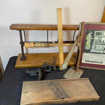 LOT 170: Vintage/Antique HopKing Butcher Paper Dispenser, Primitive Wood Slaw Slicer, Bottle Capper, Cherry Pitter and Moe