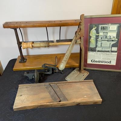 LOT 170: Vintage/Antique HopKing Butcher Paper Dispenser, Primitive Wood Slaw Slicer, Bottle Capper, Cherry Pitter and Moe