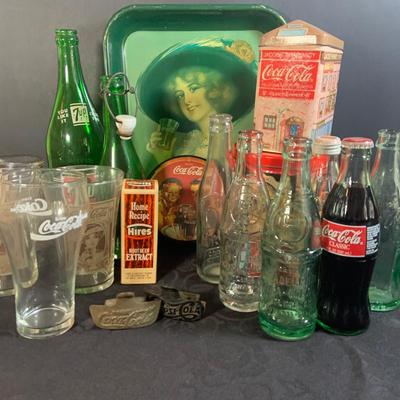 LOT 173: Coke/Coca Cola Collection with Tins, Glasses, Vintage Bottles and More