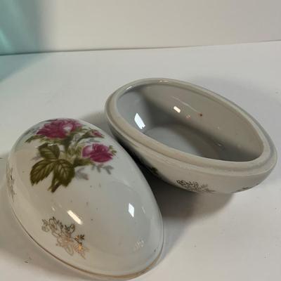 LOT 177: Vintage Tins, Lefton Egg Shape Trinket Box, Glass Ring Holder, and More
