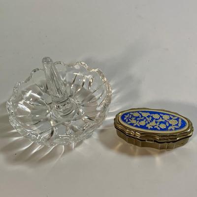 LOT 177: Vintage Tins, Lefton Egg Shape Trinket Box, Glass Ring Holder, and More