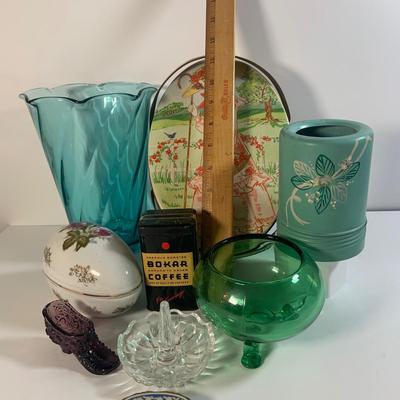LOT 177: Vintage Tins, Lefton Egg Shape Trinket Box, Glass Ring Holder, and More