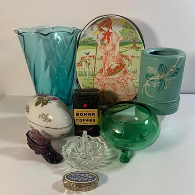 LOT 177: Vintage Tins, Lefton Egg Shape Trinket Box, Glass Ring Holder, and More