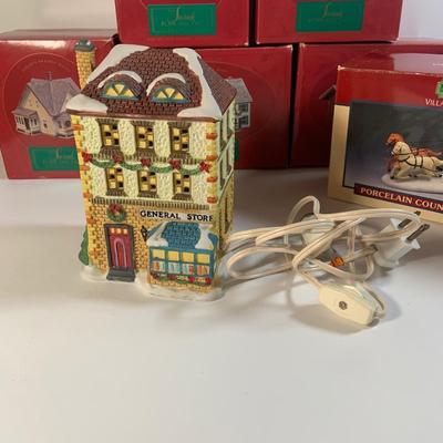 LOT 178: Holiday Miniature House and More Featuring Hallmark Sarah Plan and Tall Collection, Dept 57 Flags (Not Complete) Lemax and More
