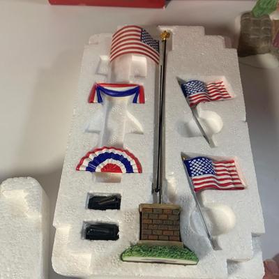 LOT 178: Holiday Miniature House and More Featuring Hallmark Sarah Plan and Tall Collection, Dept 57 Flags (Not Complete) Lemax and More