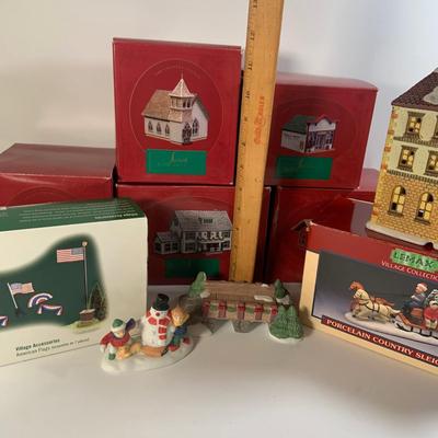 LOT 178: Holiday Miniature House and More Featuring Hallmark Sarah Plan and Tall Collection, Dept 57 Flags (Not Complete) Lemax and More