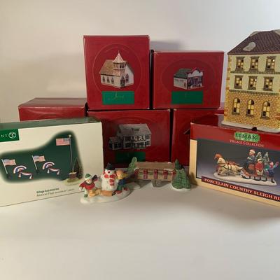LOT 178: Holiday Miniature House and More Featuring Hallmark Sarah Plan and Tall Collection, Dept 57 Flags (Not Complete) Lemax and More
