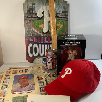 LOT 180: Philadelphia Phillies Memorabilia Including, Cards, Cap, Coke Can, Ryan Howard Bobble Head, Sign and Ephemera