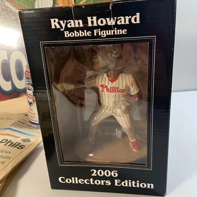 LOT 180: Philadelphia Phillies Memorabilia Including, Cards, Cap, Coke Can, Ryan Howard Bobble Head, Sign and Ephemera