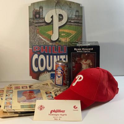 LOT 180: Philadelphia Phillies Memorabilia Including, Cards, Cap, Coke Can, Ryan Howard Bobble Head, Sign and Ephemera