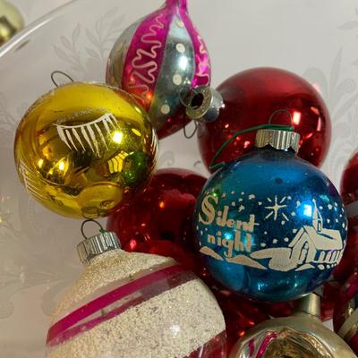 LOT 184: Glass Bowl Full of Glass Balls & Bulbs, Lenox Bells and Bear Ornaments and More