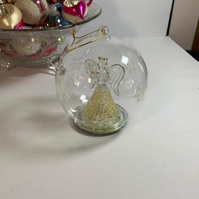 LOT 184: Glass Bowl Full of Glass Balls & Bulbs, Lenox Bells and Bear Ornaments and More