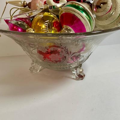 LOT 184: Glass Bowl Full of Glass Balls & Bulbs, Lenox Bells and Bear Ornaments and More