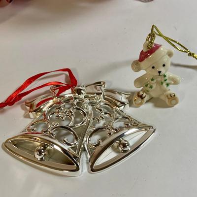 LOT 184: Glass Bowl Full of Glass Balls & Bulbs, Lenox Bells and Bear Ornaments and More