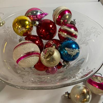 LOT 184: Glass Bowl Full of Glass Balls & Bulbs, Lenox Bells and Bear Ornaments and More
