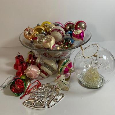 LOT 184: Glass Bowl Full of Glass Balls & Bulbs, Lenox Bells and Bear Ornaments and More