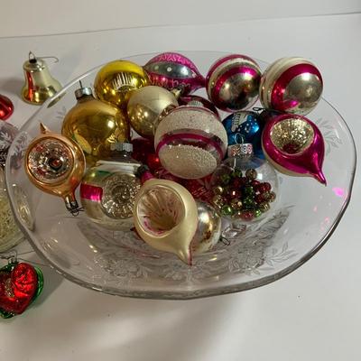 LOT 184: Glass Bowl Full of Glass Balls & Bulbs, Lenox Bells and Bear Ornaments and More