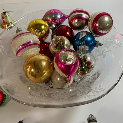 LOT 184: Glass Bowl Full of Glass Balls & Bulbs, Lenox Bells and Bear Ornaments and More