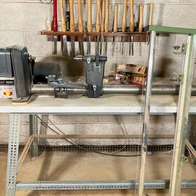 LOT 218: Sears Craftsman 12 Inch Wood Lathe, Central Machinery Copy Lathe Attachment P-37945, Work Bench, Wood Crafting Tools,...
