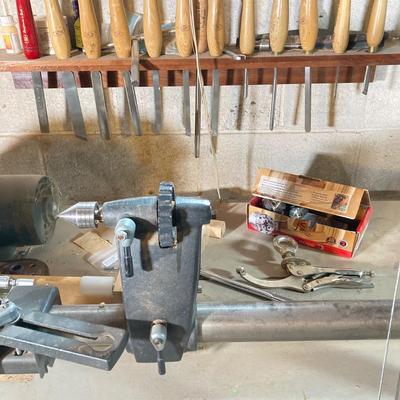 LOT 218: Sears Craftsman 12 Inch Wood Lathe, Central Machinery Copy Lathe Attachment P-37945, Work Bench, Wood Crafting Tools,...