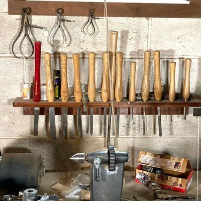 LOT 218: Sears Craftsman 12 Inch Wood Lathe, Central Machinery Copy Lathe Attachment P-37945, Work Bench, Wood Crafting Tools,...