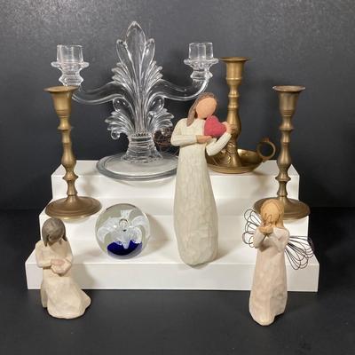 LOT 221: Collection of Willow Tree Figurines (Angel of the Heart, Angel of Freedom and Wisdom), Glass Paperweight with Brass and Glass...