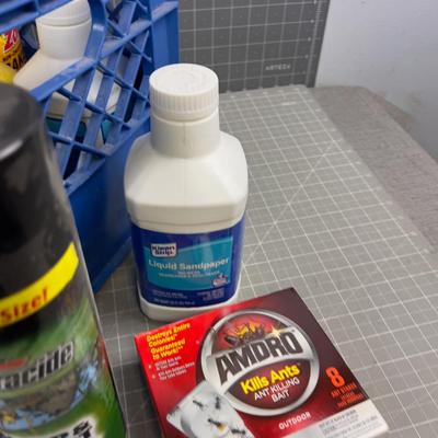 Tub of Garage FLUIDS: Brake Fluid, Liquid Sand Paper, etc.